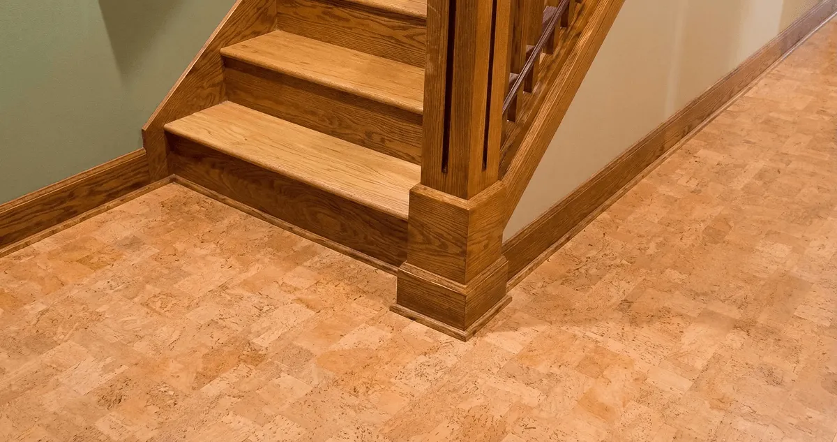 End of a staircase with cork flooring in Baltimore, MD