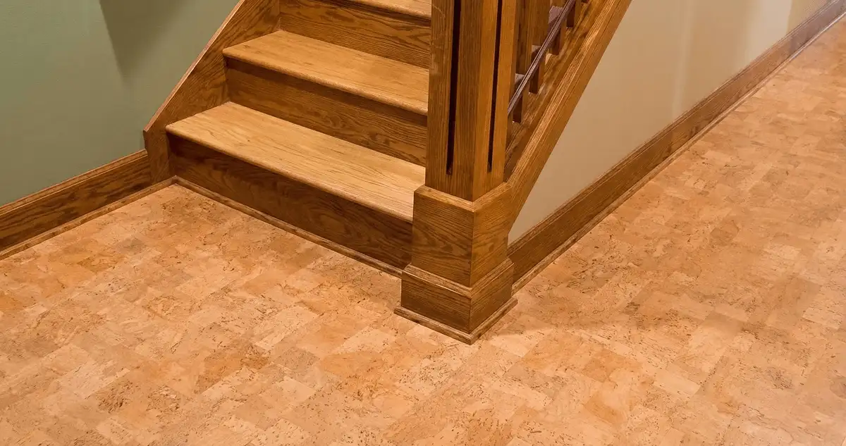 End of a staircase with cork flooring in Baltimore, MD