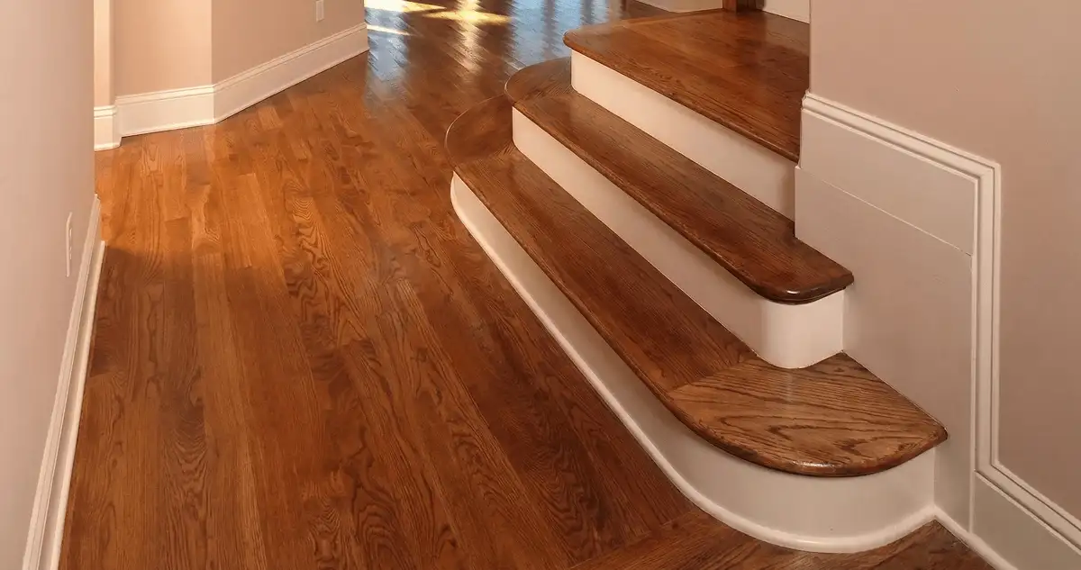 Base floor of a staircase with professionally restored wood flooring in Baltimore MD