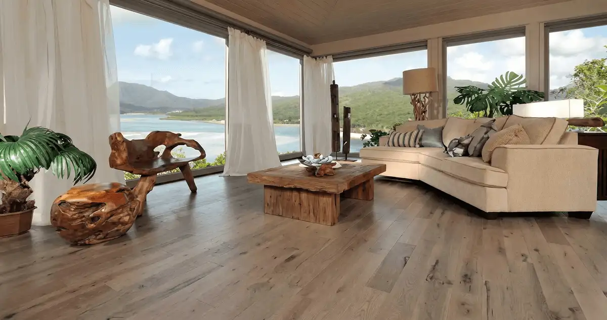 Professionally installed vinyl flooring in a modern living room with large windows in Baltimore, MD