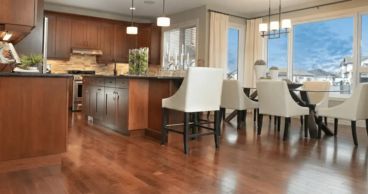 A modern kitchen with professionally installed wood flooring in Baltimore, MD
